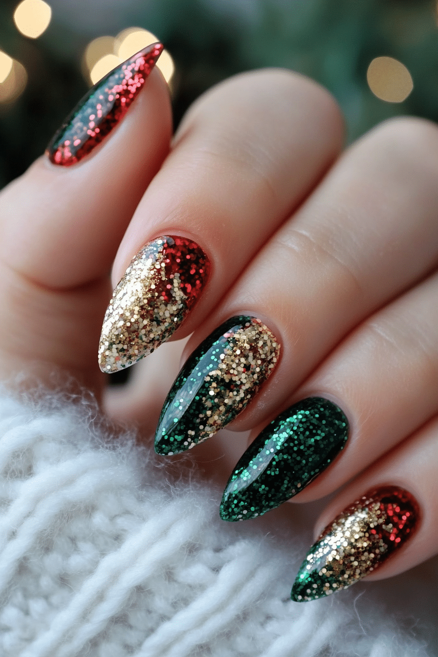 23. Festive Glitter Bomb (Christmas Dip Nail Design Ideas) - Christmas Dip Nail Design Ideas