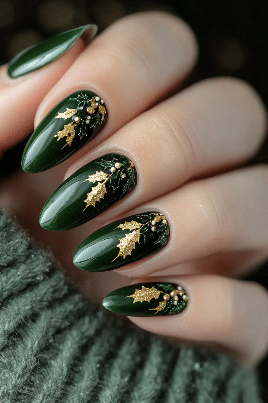 3. Golden Holly Accents (Christmas Nail Design Ideas) - Christmas Nail Design Ideas