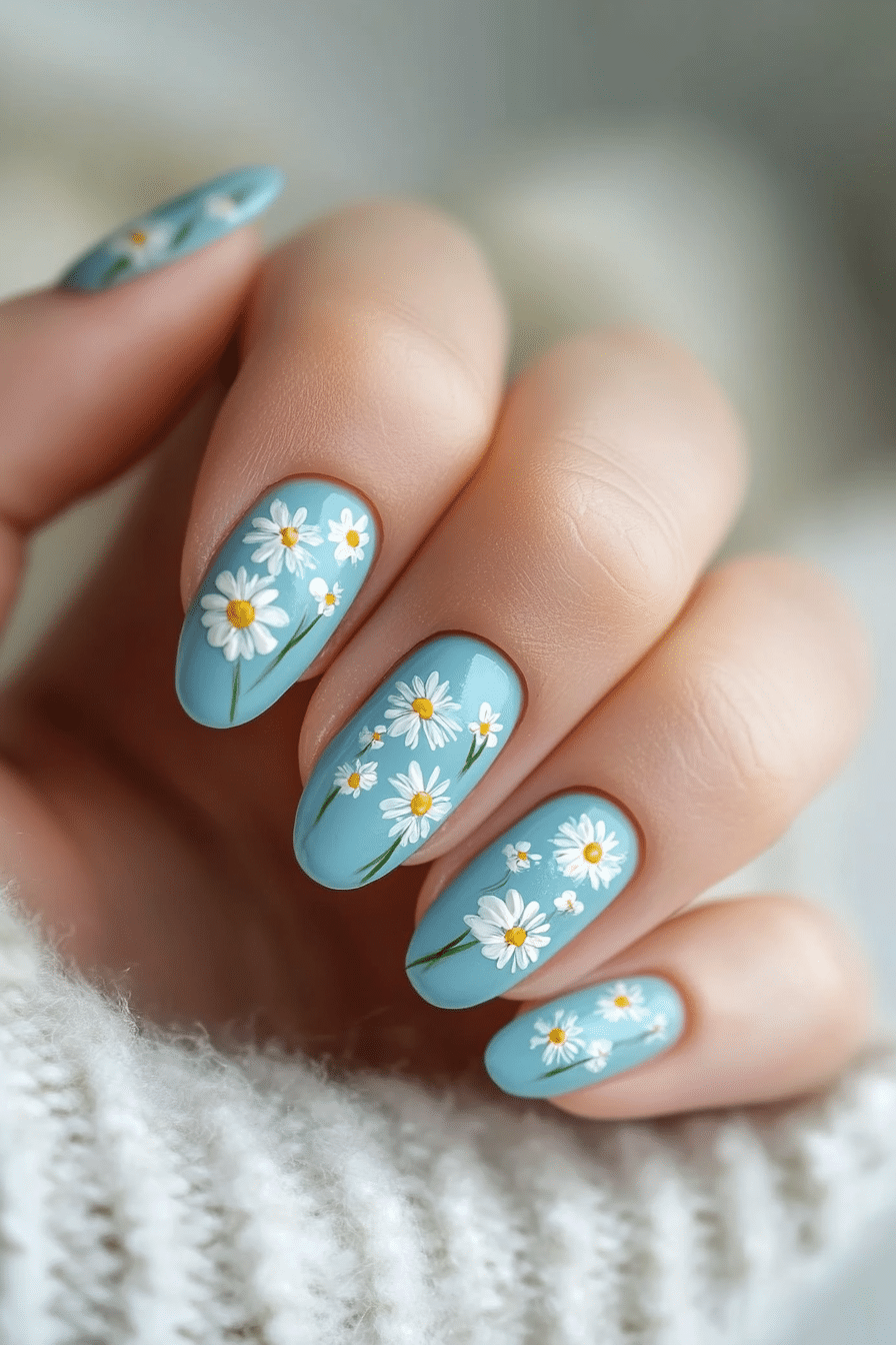 21. Baby Blue Daisy Accents (Blue Spring Nail Design Ideas) - Blue Spring Nail Design Ideas