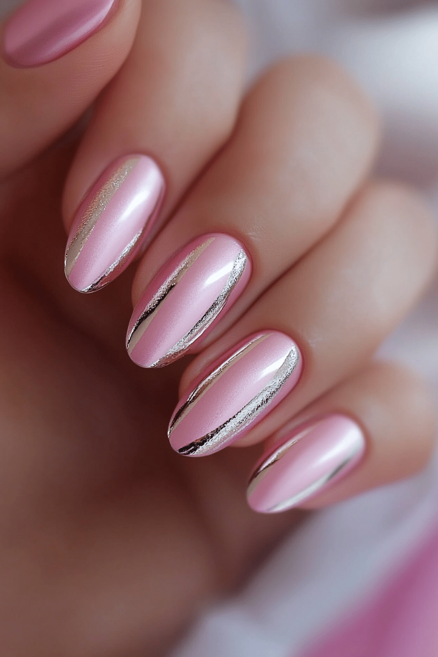 21. Soft Pink with Silver Stripes (Short Winter Nail Design Ideas) - Short Winter Nail Design Ideas