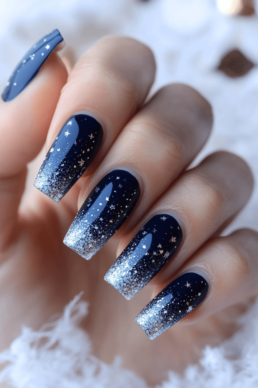 11. Midnight Starry Sky (Small Coffin Nail Design Ideas) - Small Coffin Nail Design Ideas