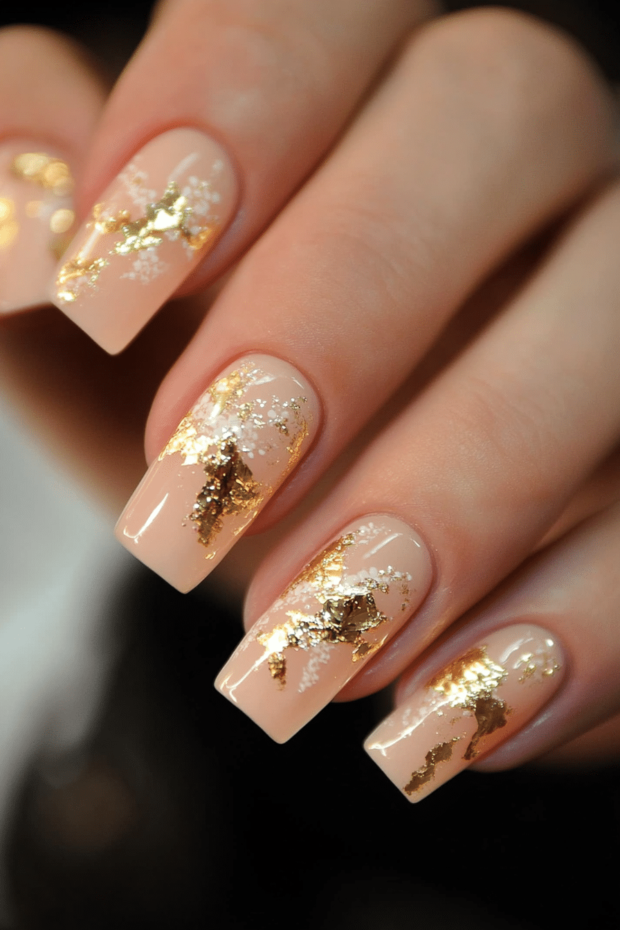 18. Golden Leaf Accents (Small Coffin Nail Design Ideas) - Small Coffin Nail Design Ideas