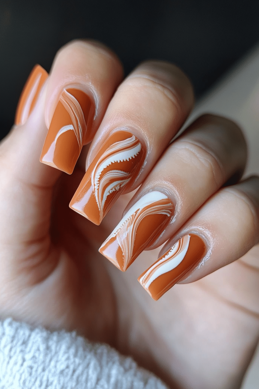 25. Pumpkin Spice Swirls (Small Coffin Nail Design Ideas) - Small Coffin Nail Design Ideas