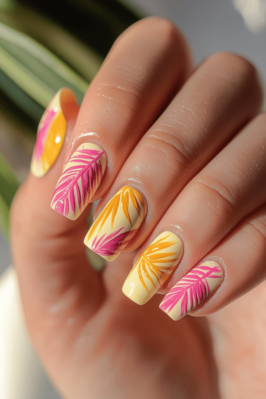 11. Tropical Breeze (Yellow And Pink Nail Design Ideas) - Yellow And Pink Nail Design Ideas