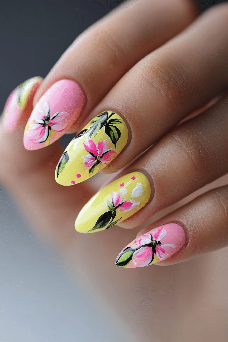 15. Floral Harmony (Yellow And Pink Nail Design Ideas) - Yellow And Pink Nail Design Ideas