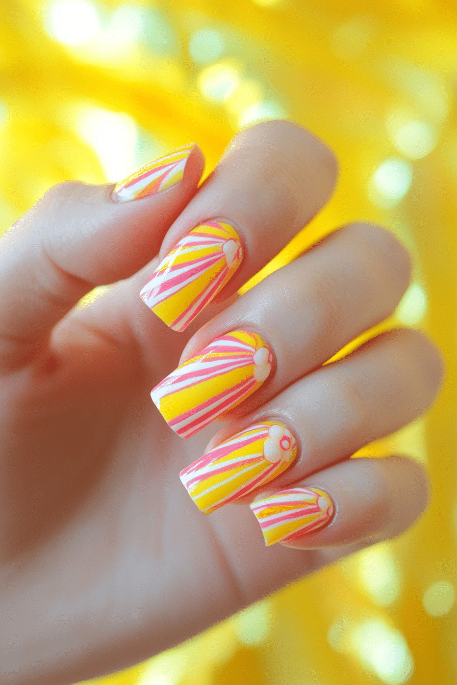 24. Retro Sunbeam (Yellow And Pink Nail Design Ideas) - Yellow And Pink Nail Design Ideas