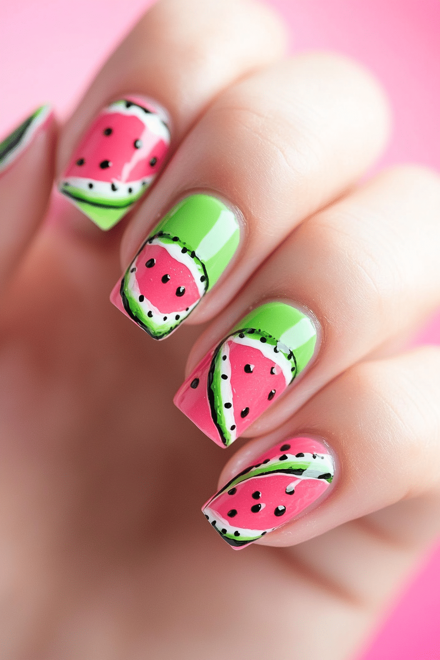 17. Watermelon Slice Fun (Nail Design Ideas For Short Nails) - Nail Design Ideas For Short Nails