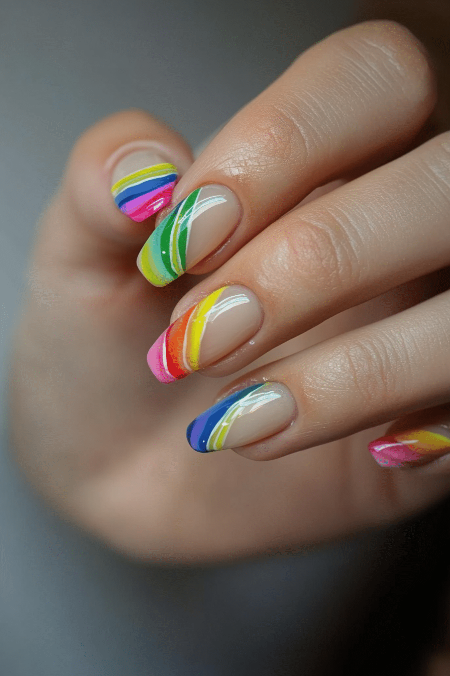 20. Rainbow French Edges (Nail Design Ideas For Short Nails) - Nail Design Ideas For Short Nails