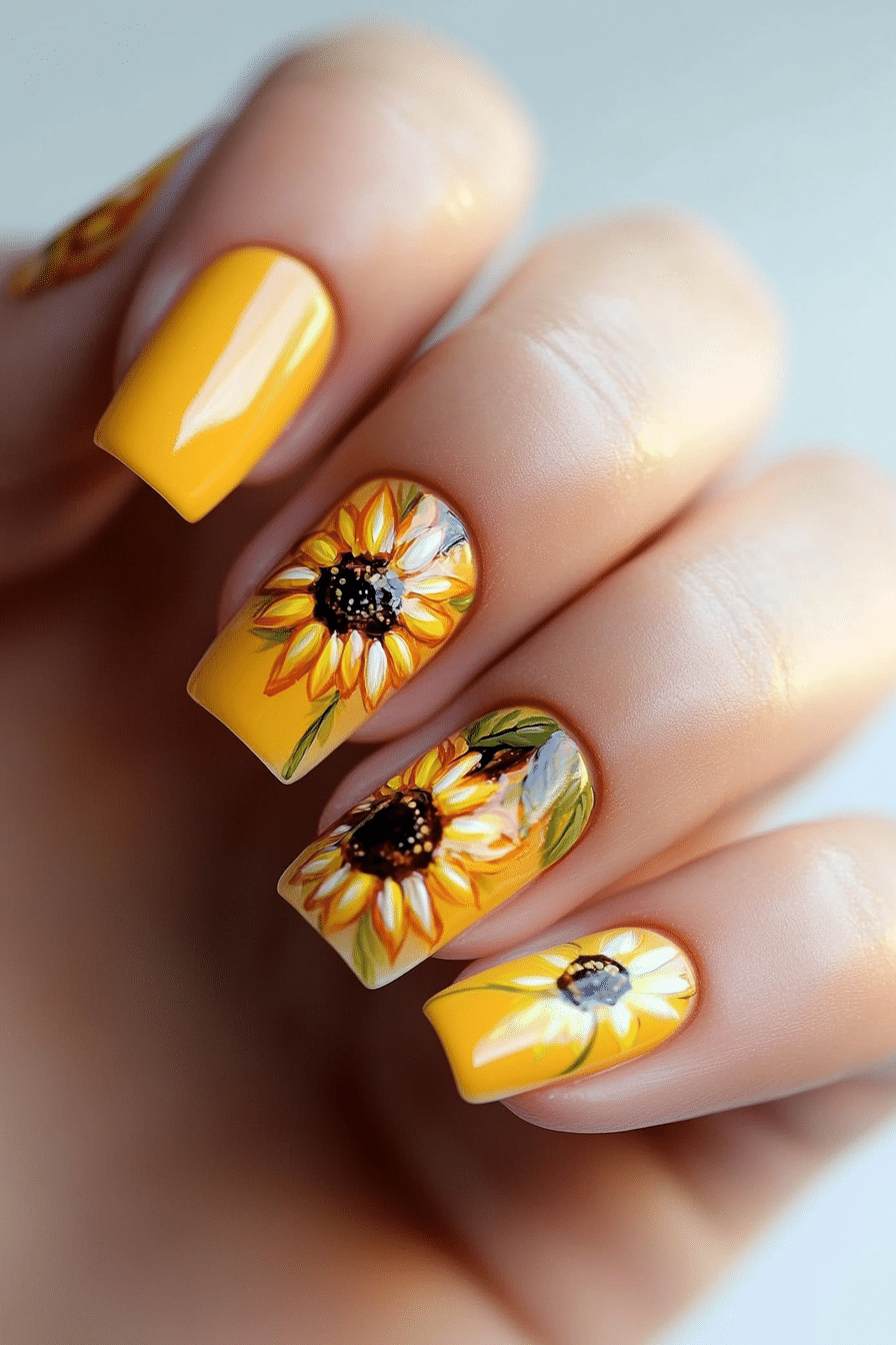 22. Sunflower Accent Nails (Nail Design Ideas For Short Nails) - Nail Design Ideas For Short Nails