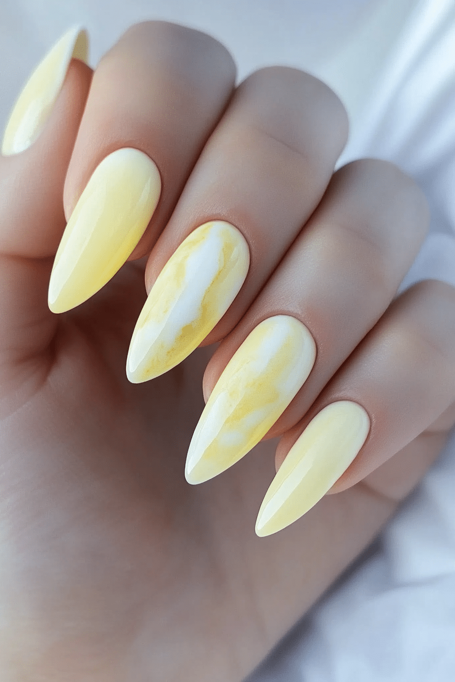 8. Lemonade Marble Effect (Pastel Yellow Nail Design Ideas) - Pastel Yellow Nail Design Ideas