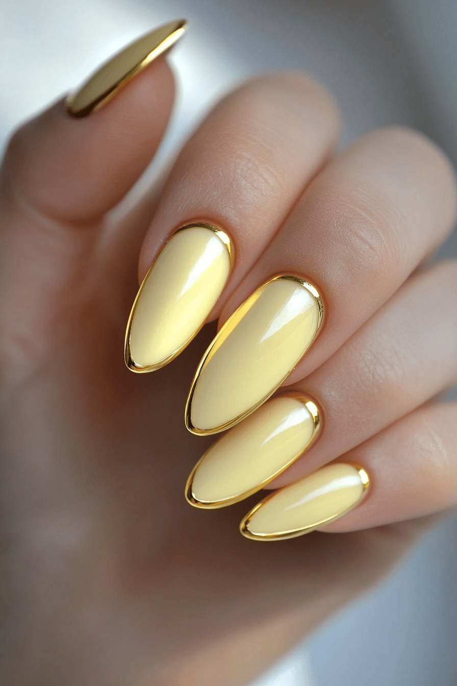 20. Golden Edge Detailing (Pastel Yellow Nail Design Ideas) - Pastel Yellow Nail Design Ideas