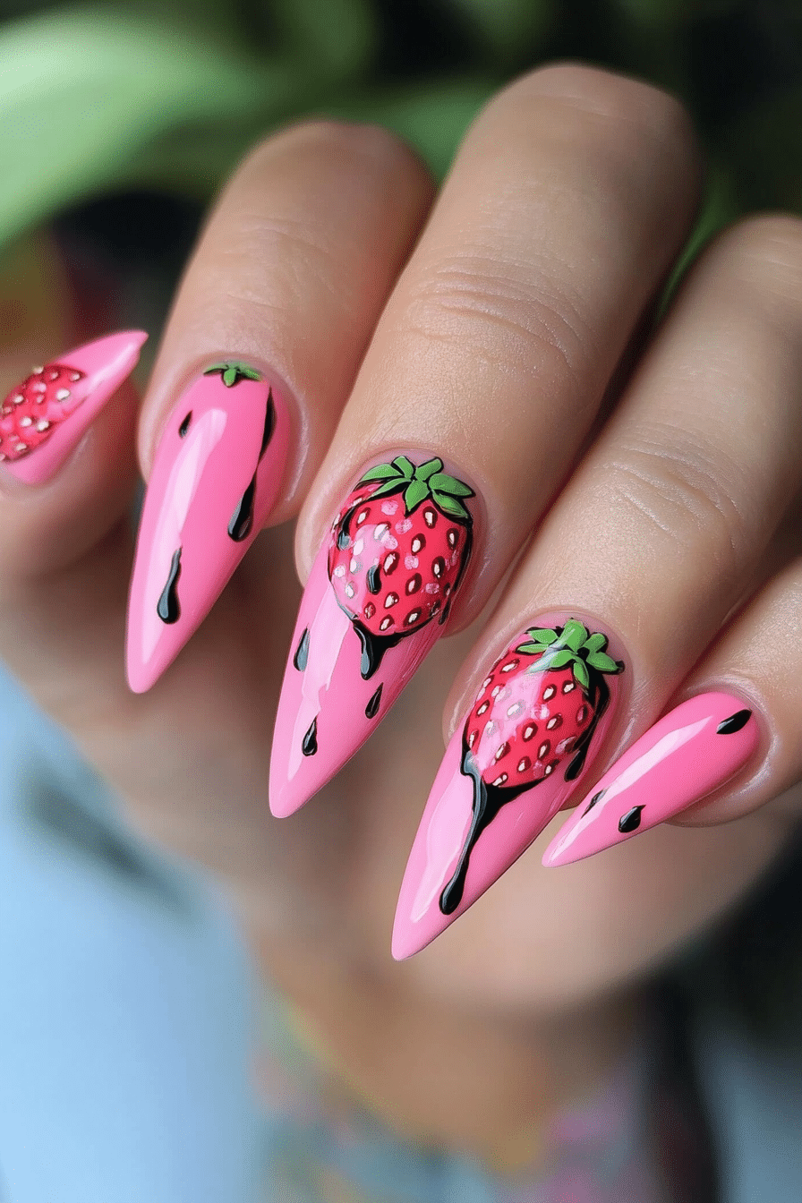 19. Strawberry Drip Delight (Pink Nail Design Ideas) - Pink Nail Design Ideas