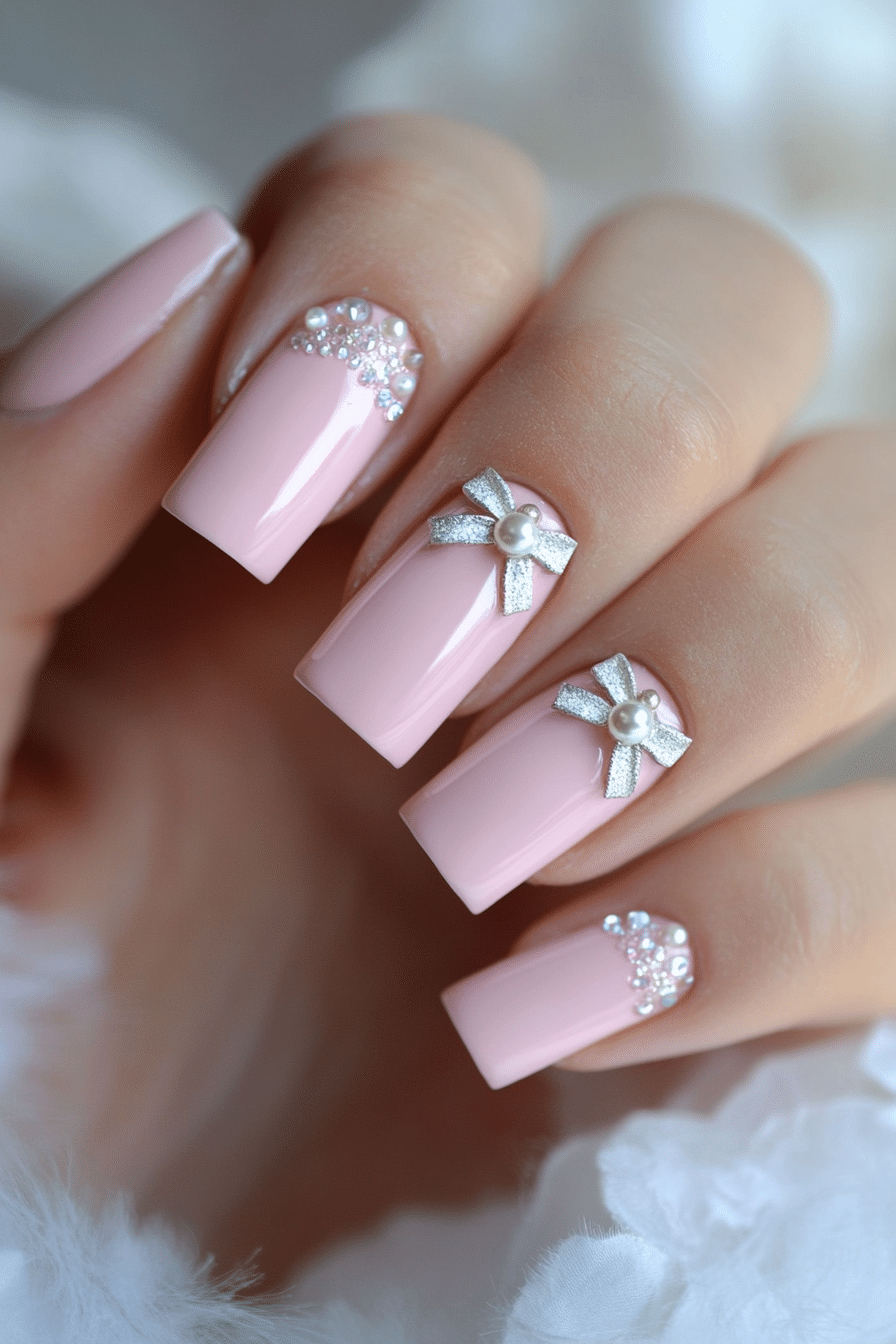 2. Pastel Pink with 3D Pearl Bow (Nail Design Ideas With Bows) - Nail Design Ideas With Bows