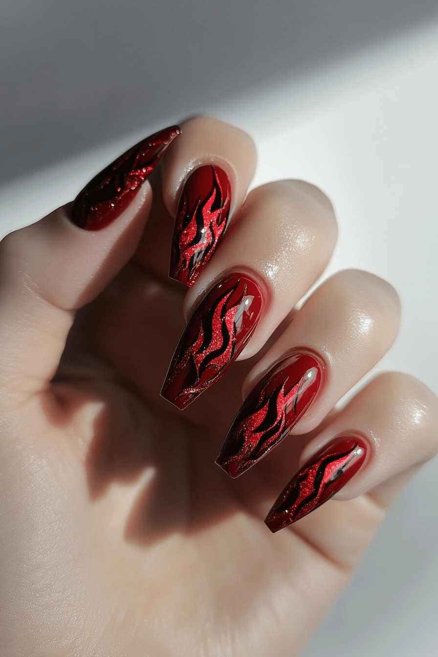 11. Crimson Flames (Red Nail Design Ideas) - Red Nail Design Ideas