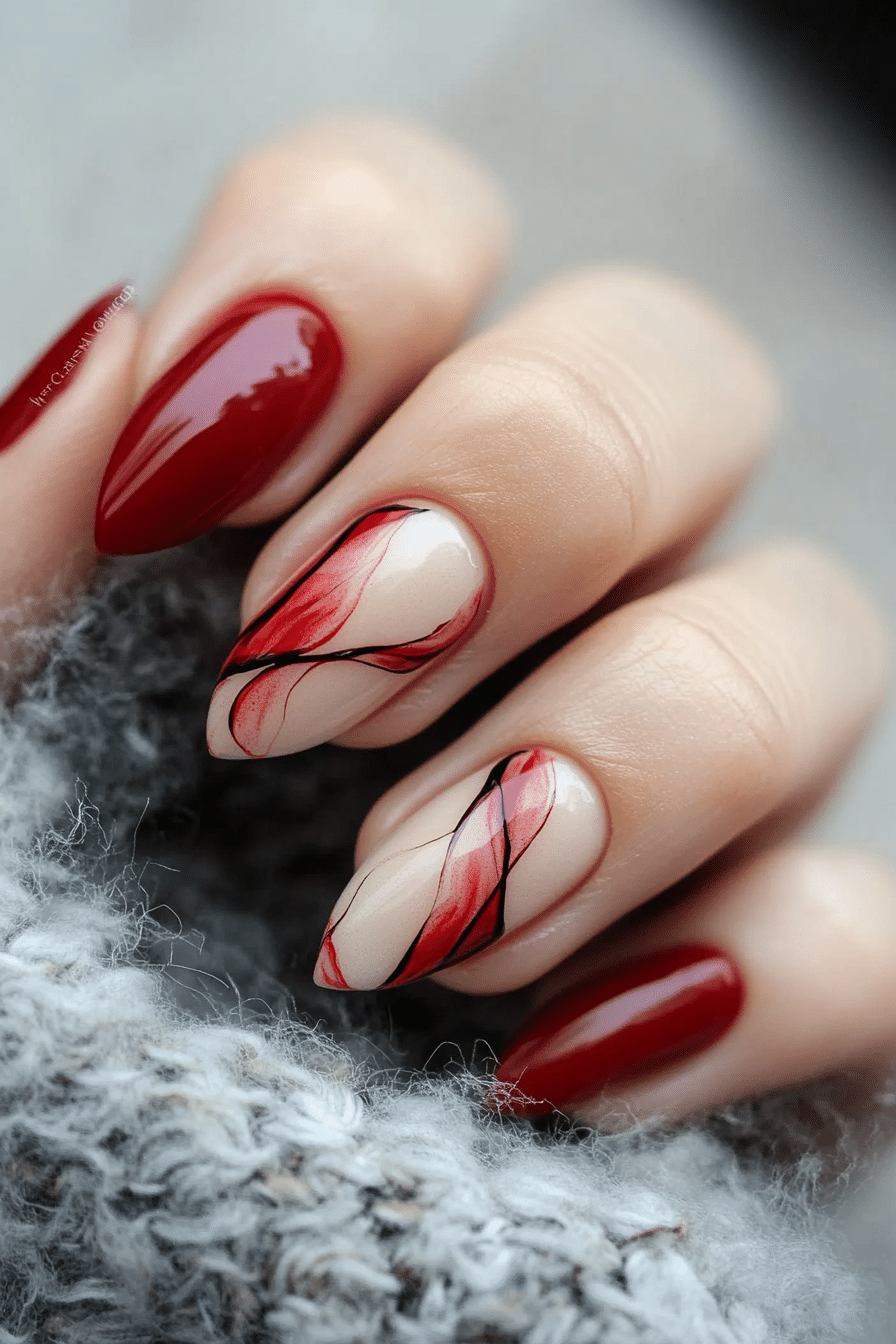 19. Crimson Strokes (Red Nail Design Ideas) - Red Nail Design Ideas