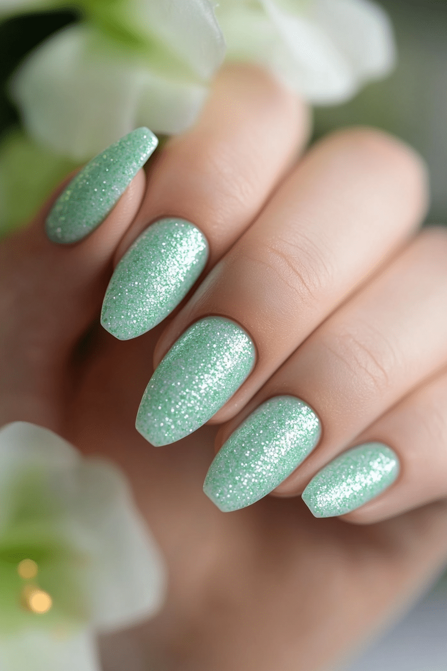 20. Spearmint Sparkle (School Nail Design Ideas) - School Nail Design Ideas